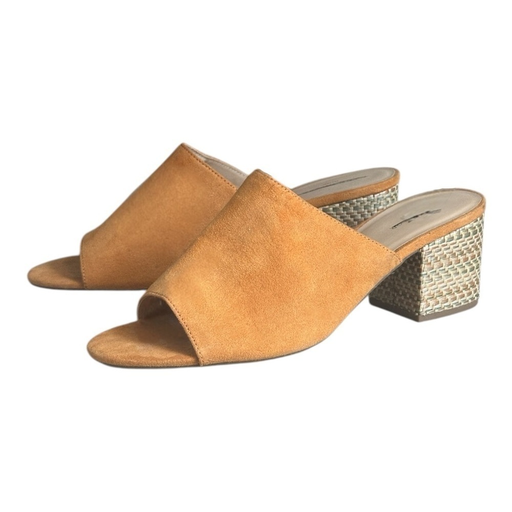 Ann Taylor Woven Block Heel Mules – Size 10M Tan Suede Peep Toe Slip-On Sandals